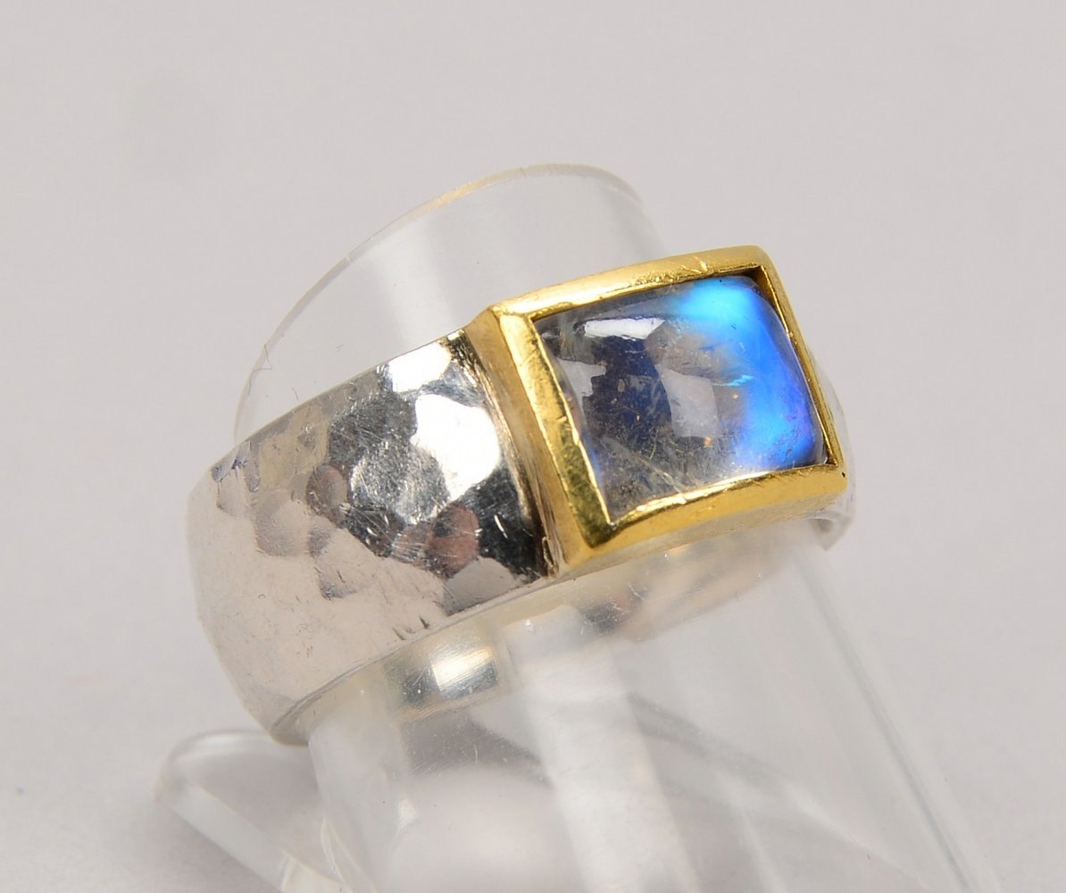 Designer-Bandring, Silber/Gold, gehämmert, mit Labradorit; RG 57. Gew. 11 g