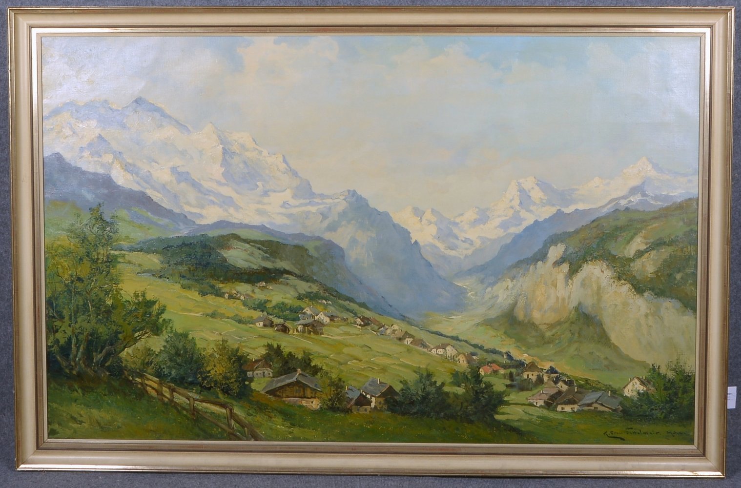 Gross-Sattelmair, Karl, 'Idyll. Alpenlandschaft mit Almen', Öl/Lw, sign./ortsbez., verso bez.