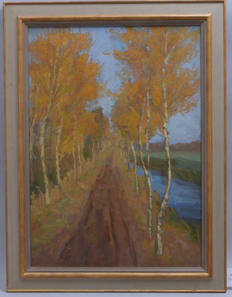 Meyer, Emmy, 'Birkenweg am Kanal im Herbst', Öl auf Malkarton/ger., unten li. sign.; Bildmaße 72 x 5