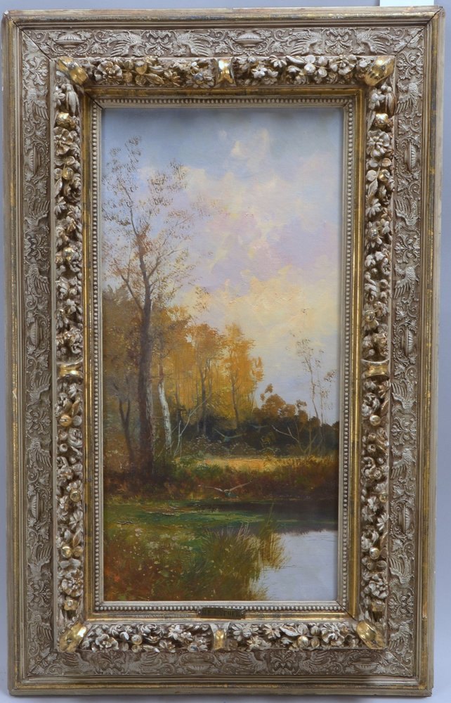 Latour, R.F., 'Herbstlandschaft', Öl/Lw, auf Metall-Plakette bez.; Bildmaße 53 x 26,5 cm