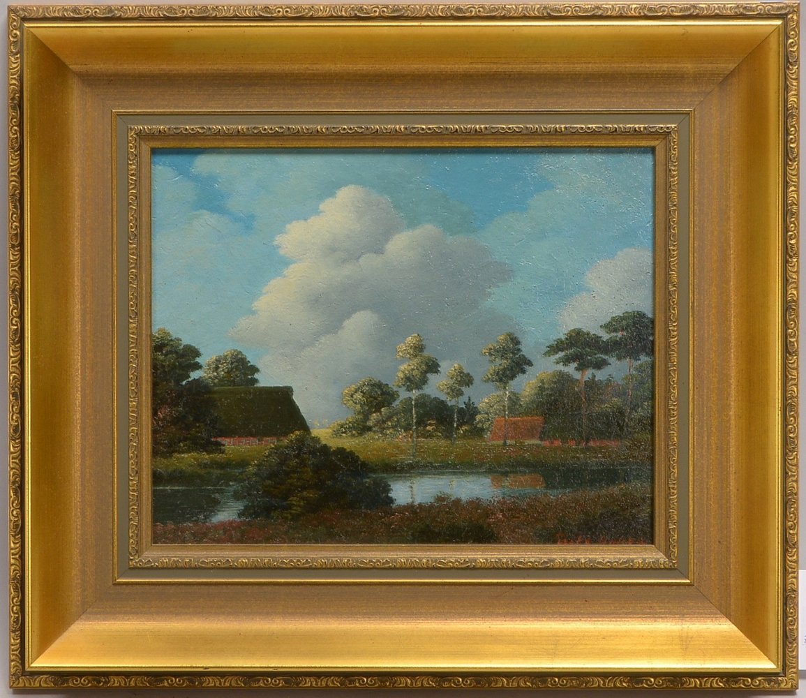 Uphoff, Fritz, 'Worpsweder Landschaft mit Katen', Öl auf Hartfaser/ger., unten re. sign.