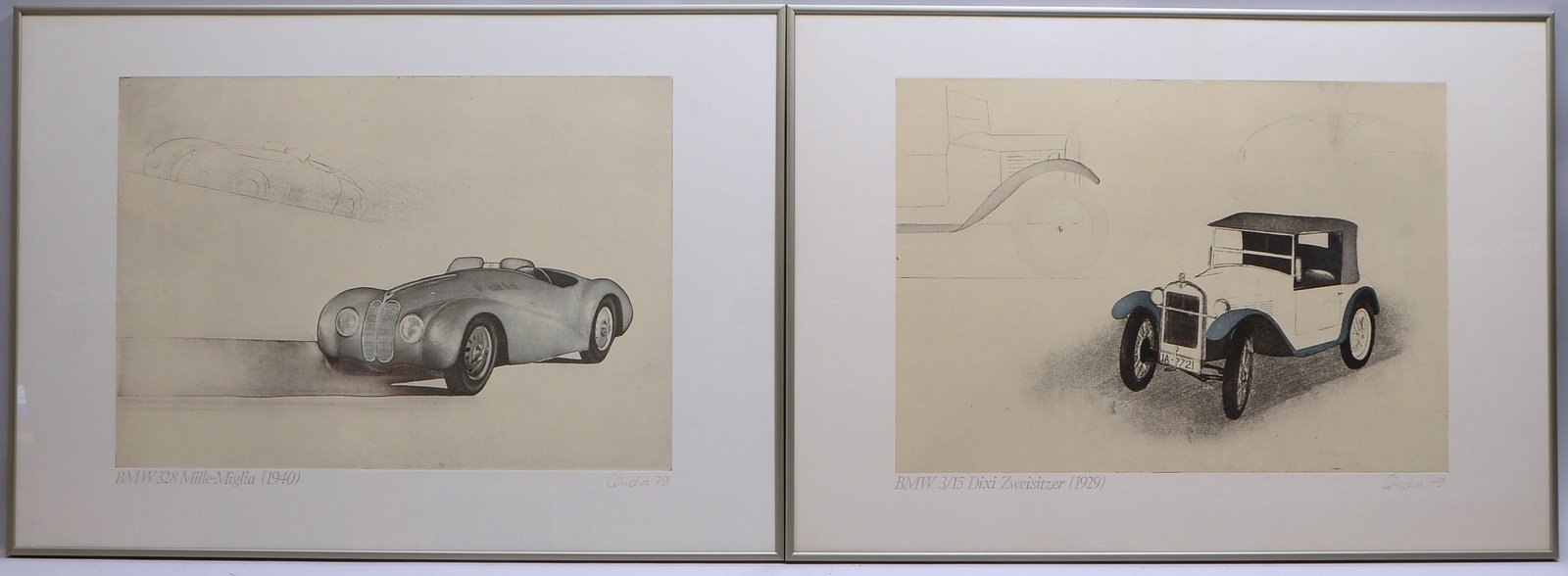 2 Lithografien, 'BMW'-Motive, jeweils im Druck signiert und datiert, hinter Glas gerahmt