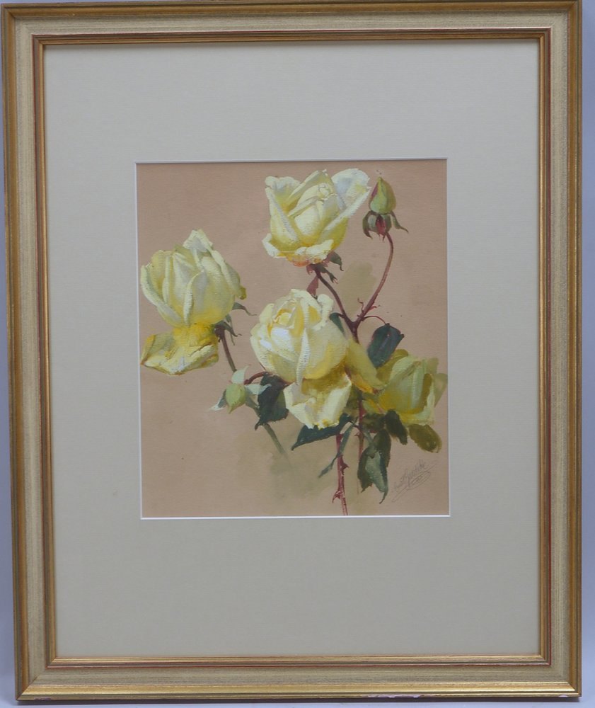 Gaedike, Emil, 'Gelbe Rosen', Gouache, unten re. sign., unter Passepartout hinter Glas gerahmt