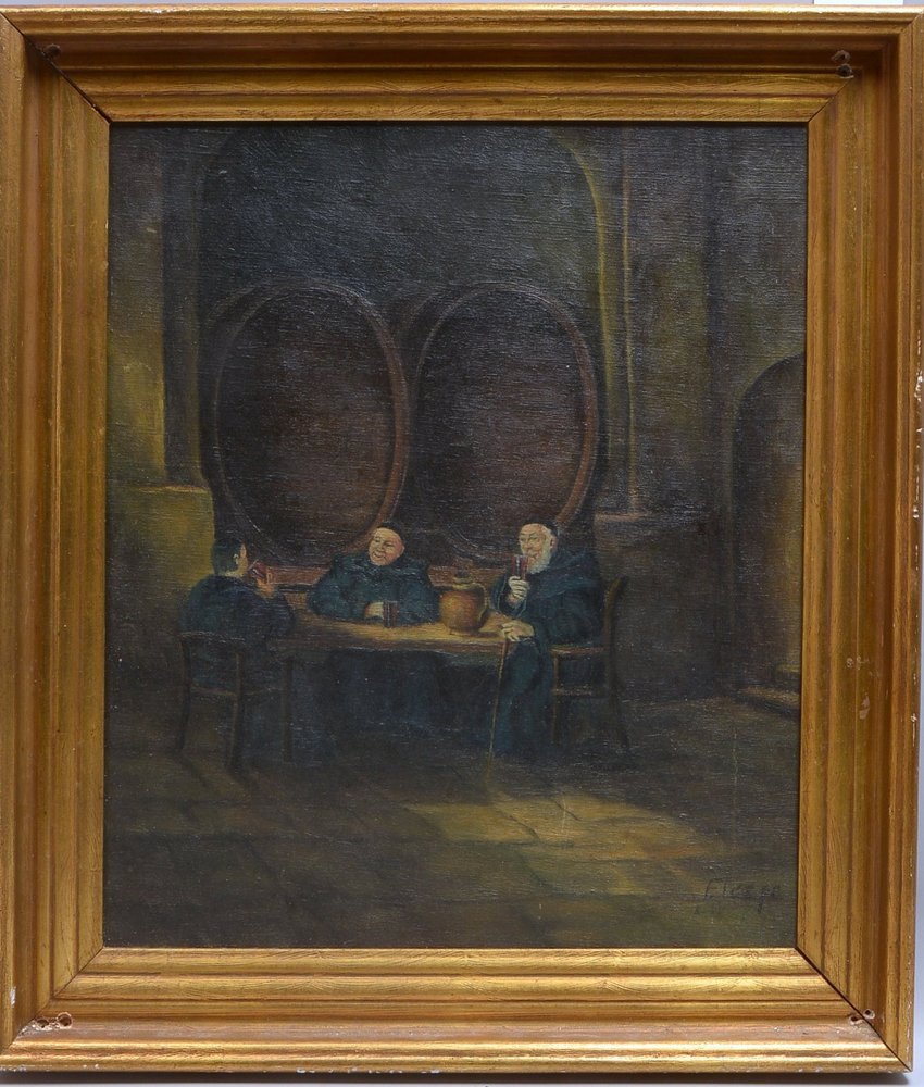 Gemälde, 'Mönche im Weinkeller', Öl/Lw, unten rechts (nicht eindeutig leserlich) signiert; Bildmaße