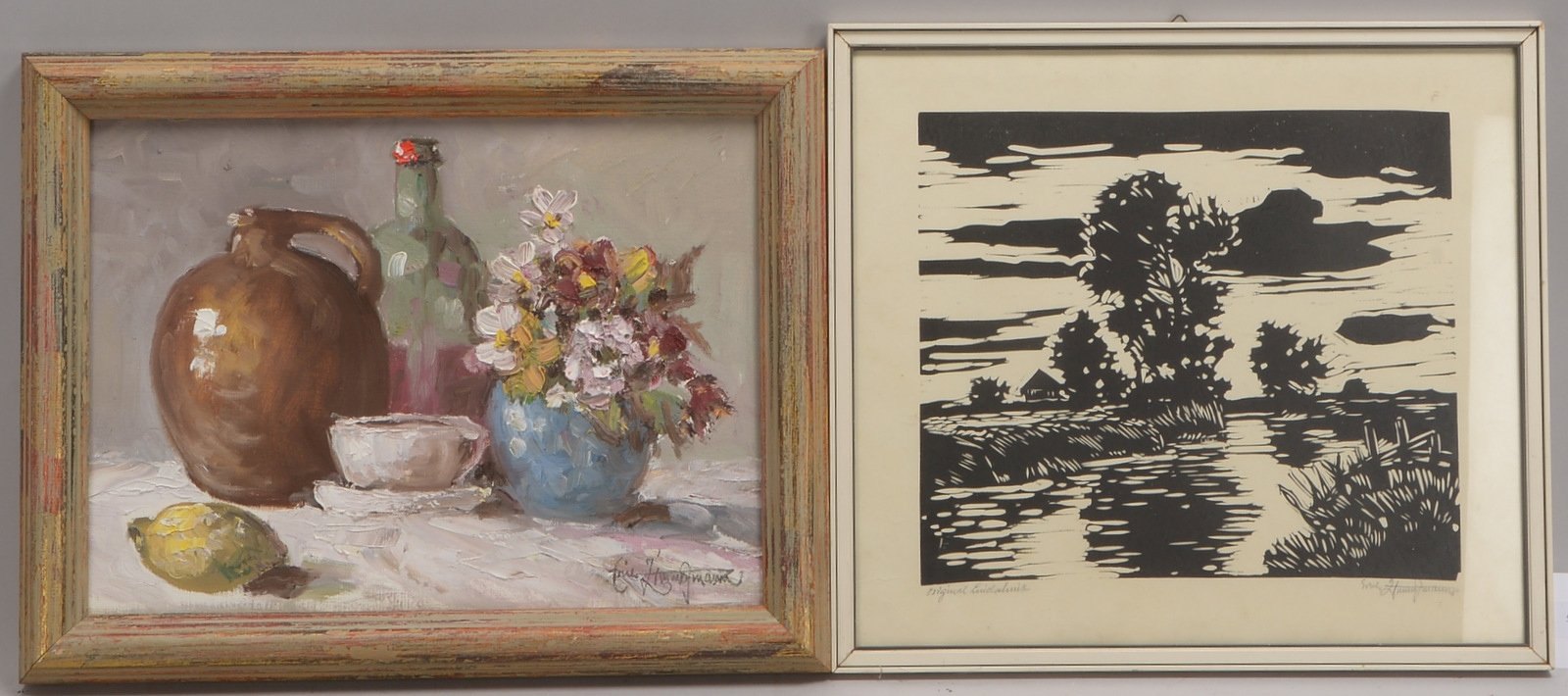 Zimmermann, Erich, 'Tischstillleben', Öl/Lw, und 'Hammelandschaft', Holzschn., sign./ger.