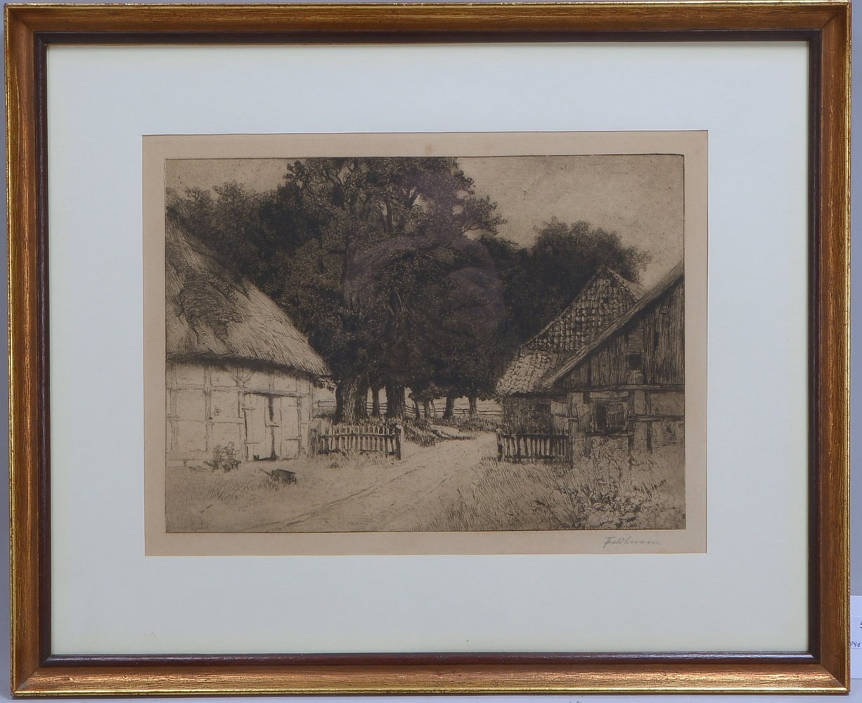 Feldhusen, Anna, 'Alte Hofstätte', Radierung, sign., hinter Glas gerahmt