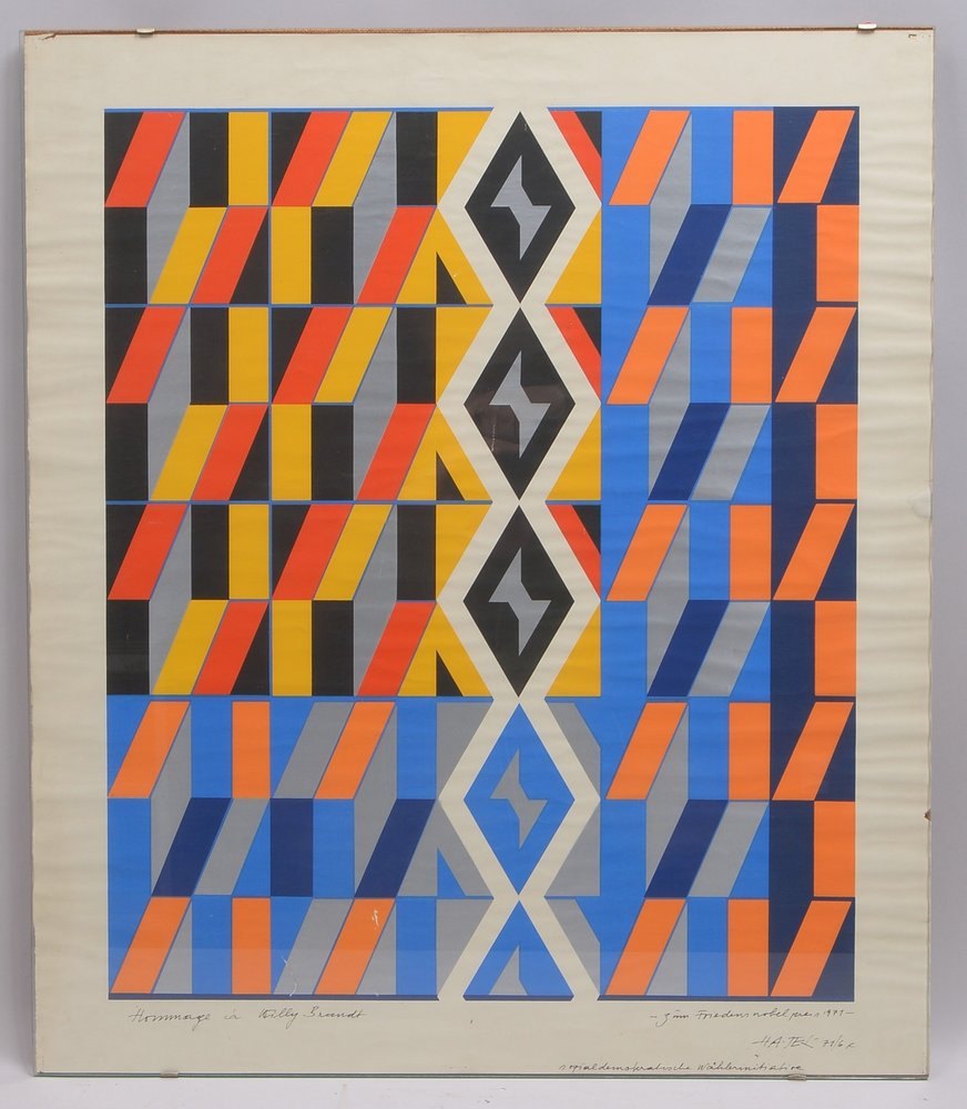 Hajek, Otto Herbert, 'Hommage à Willy Brandt', Farbserigrafie, sign./dat., hinter Glas