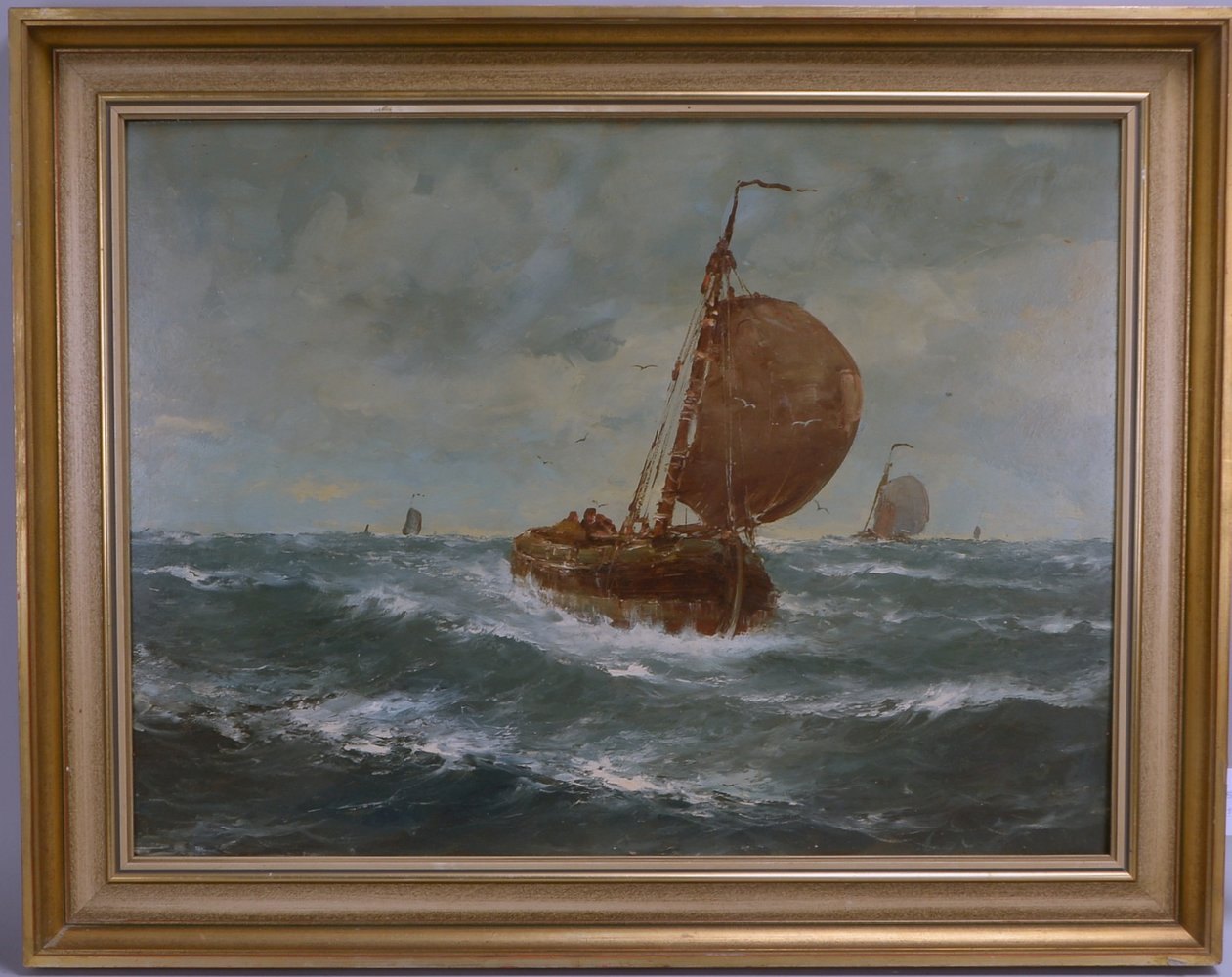 Gemälde, 'Fischerboot auf hoher See', Öl auf Hartfaser/ger., sign.; Bildmaße 60 x 80,5 cm