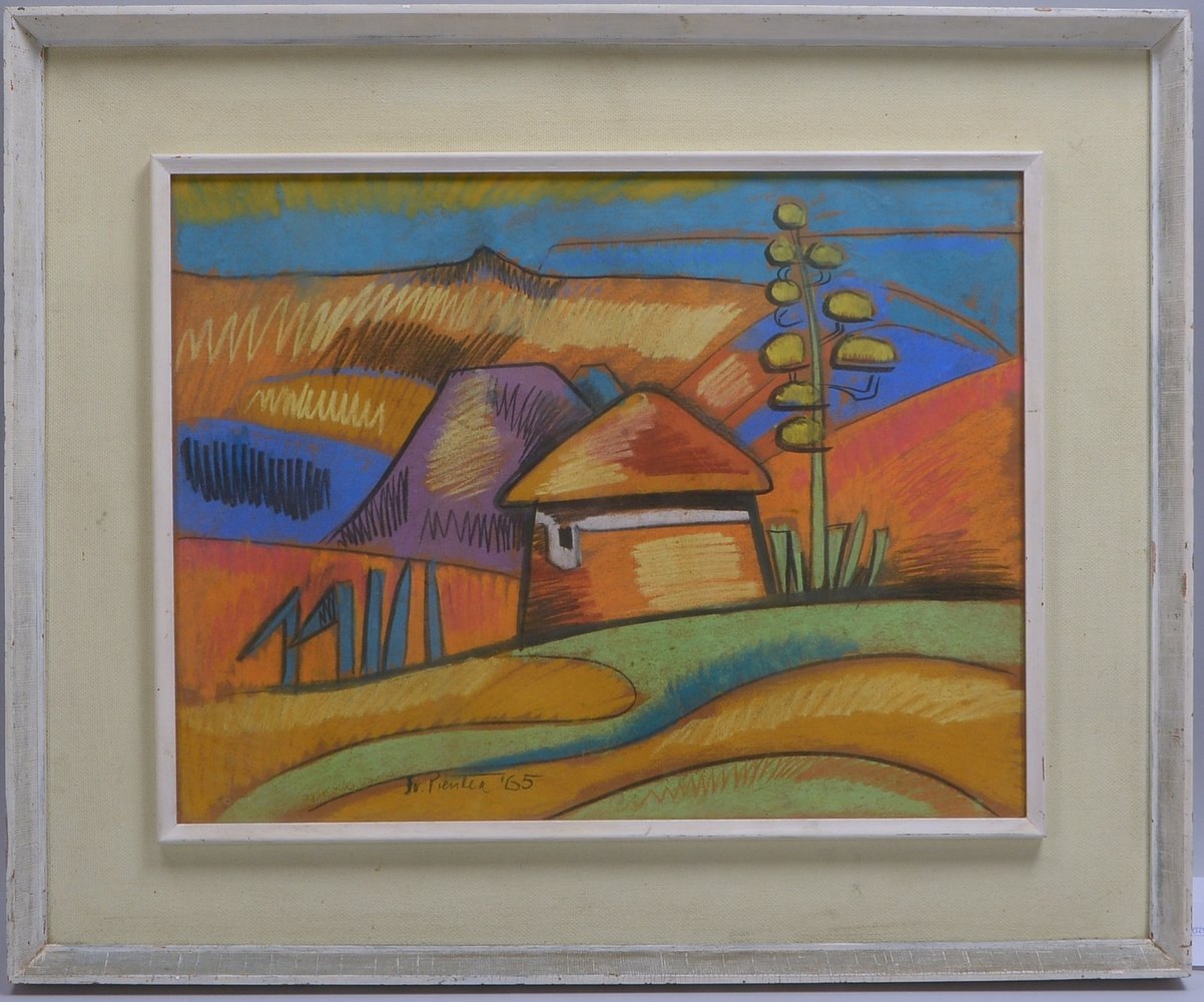 Kreidepastell, 'Südpazifisches Dorf', sign. 'Fr. Prentin'(?) und dat. (19)'65', hinter Glas