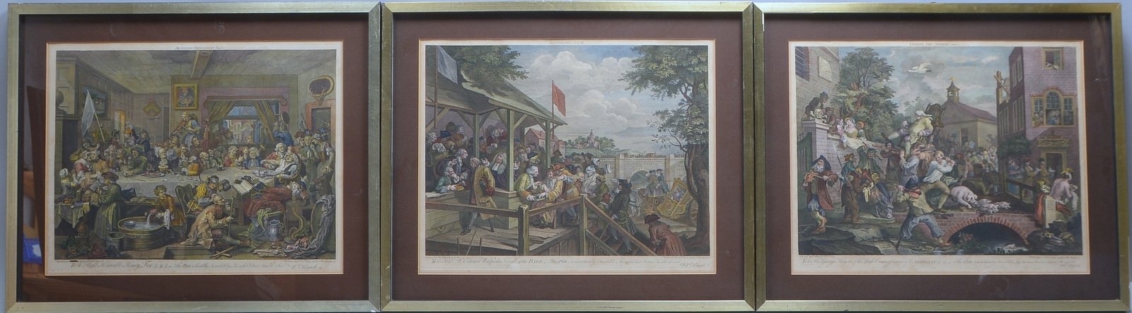 3 Kupferstiche nach William Hogarth ('Canvassing for Votes - I, III und IV'), hinter Glas