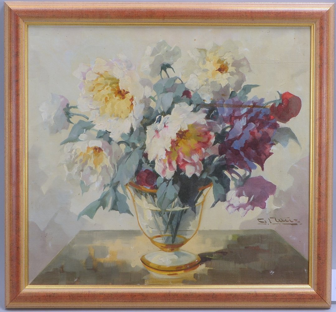 Raue, G.(-?), 'Blumenstillleben', Öl/Lw, unten re. sign.; Bildmaße 45 x 49 cm