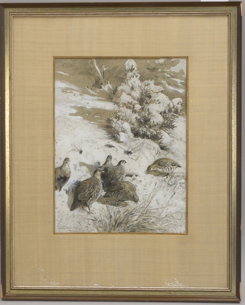 Wagner, Prof. Karl, 'Rebhühner im Schnee', Kohlezeichn. weiß geh., sign./dat., hinter Glas