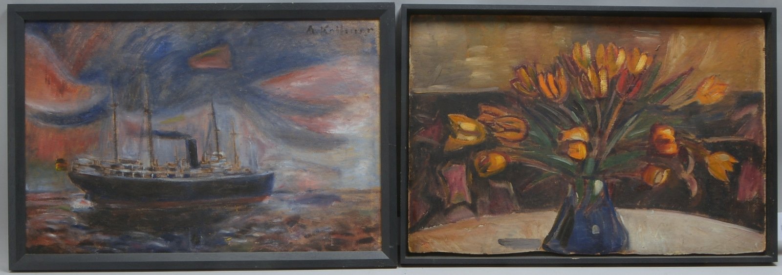 Kollmar, Alfred, 2 Gemälde, 'Schiff' und 'Tulpenstrauß', Öl/Platte, 1x sign.; Maße 46 x 69 cm