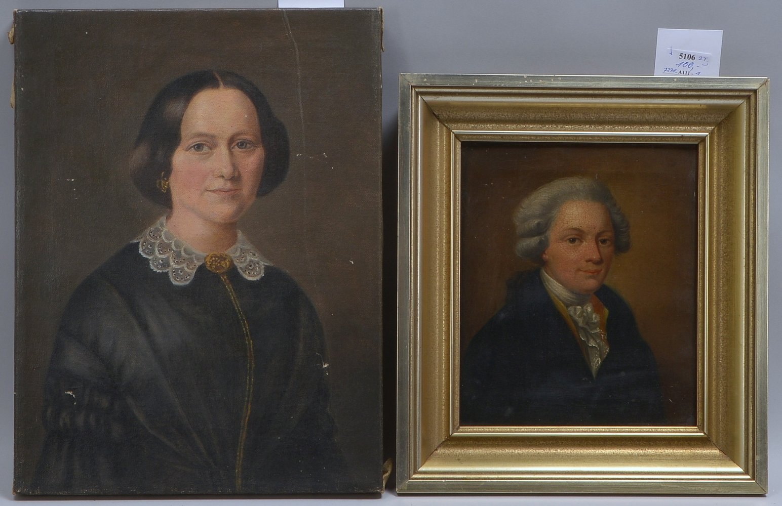 2 Biedermeier-Gemälde, Öl/Lw: 'Herrenportrait' und 'Damenportrait', versch. Maße