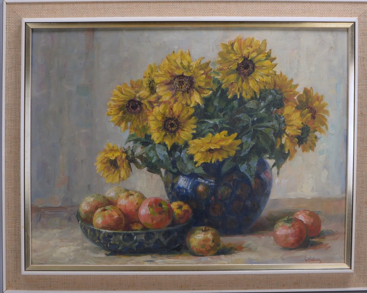 von Salzen, Carl, 'Tischstillleben mit Sonnenblumen und Äpfeln', Öl/Lw, unten re. sign.