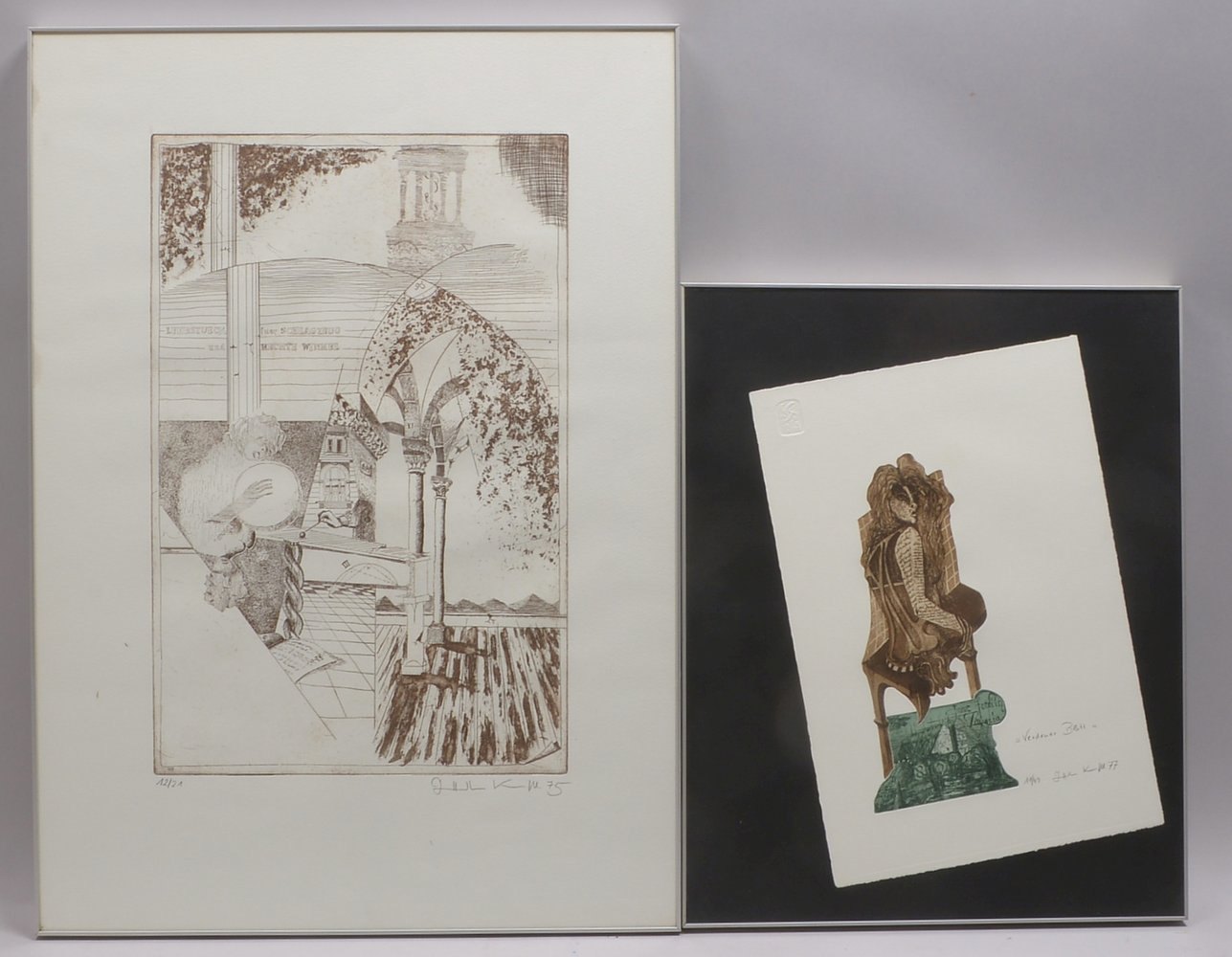 2 Radierungen, jeweils sign./dat.: 'Lehrstück', Aufl. '12/21', und 'Verdener Blatt', Aufl. '11/49'