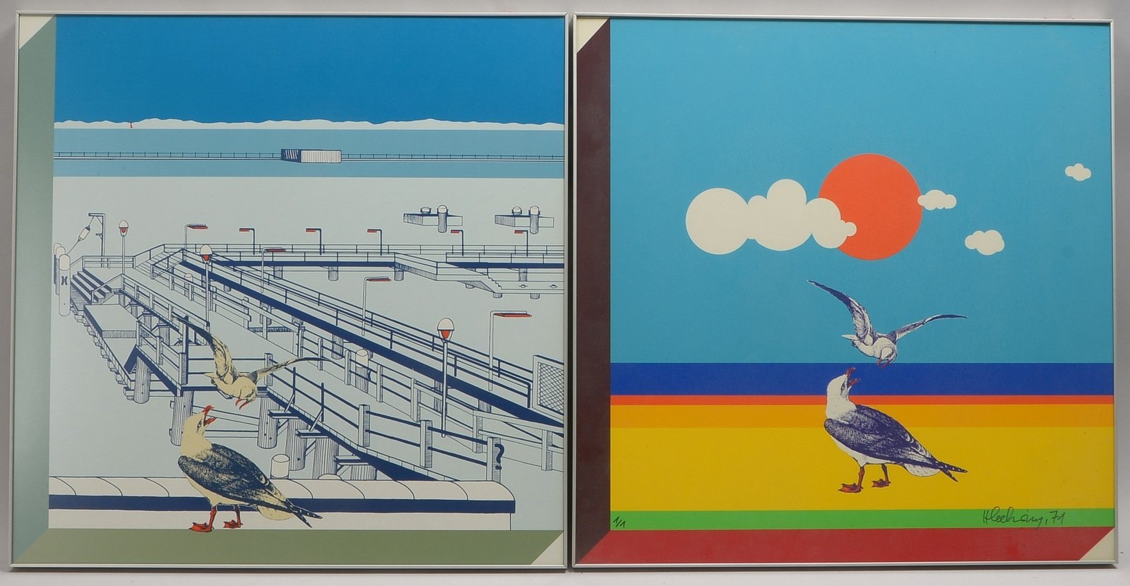 2 Farbserigrafien: 'Möwen vor Horizont', Aufl. '1/1', sign./dat., und 'Möwen vor Steganlage', unsign