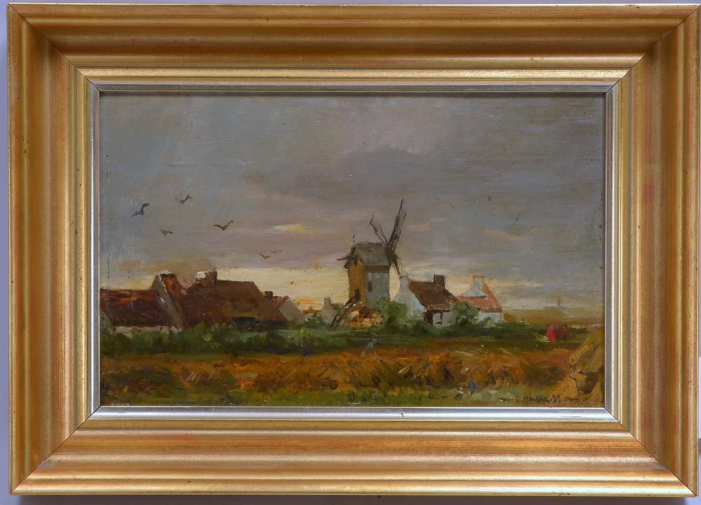 Gemälde, 'Landschaft mit Mühle', Öl auf Holz/ger., unten re. sign./dat.; Maße 22 x 34,5 cm