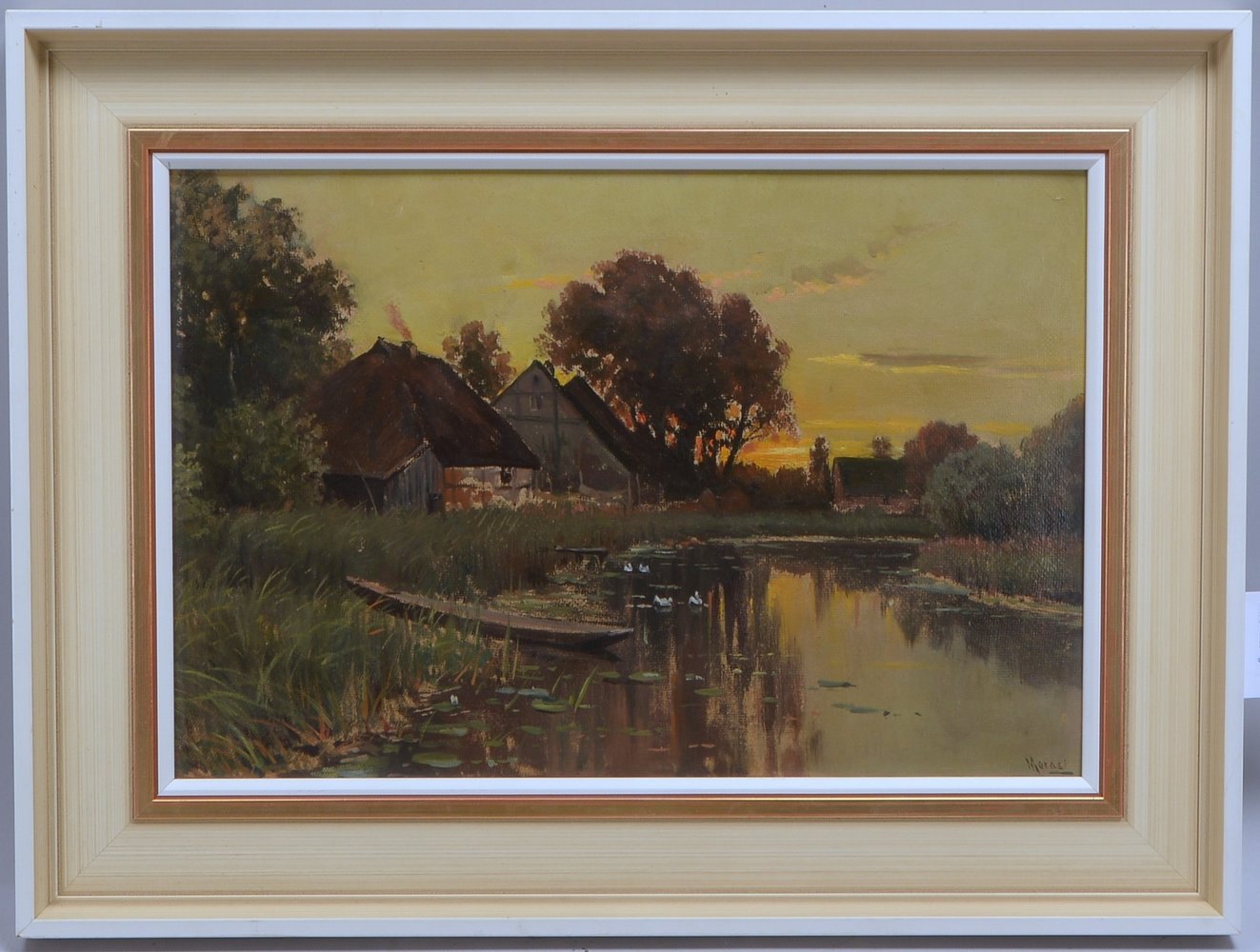 Gemälde, 'Häuser am Fluss', Öl/Malpappe, unten re. sign. 'Moras'; Maße 48 x 33 cm