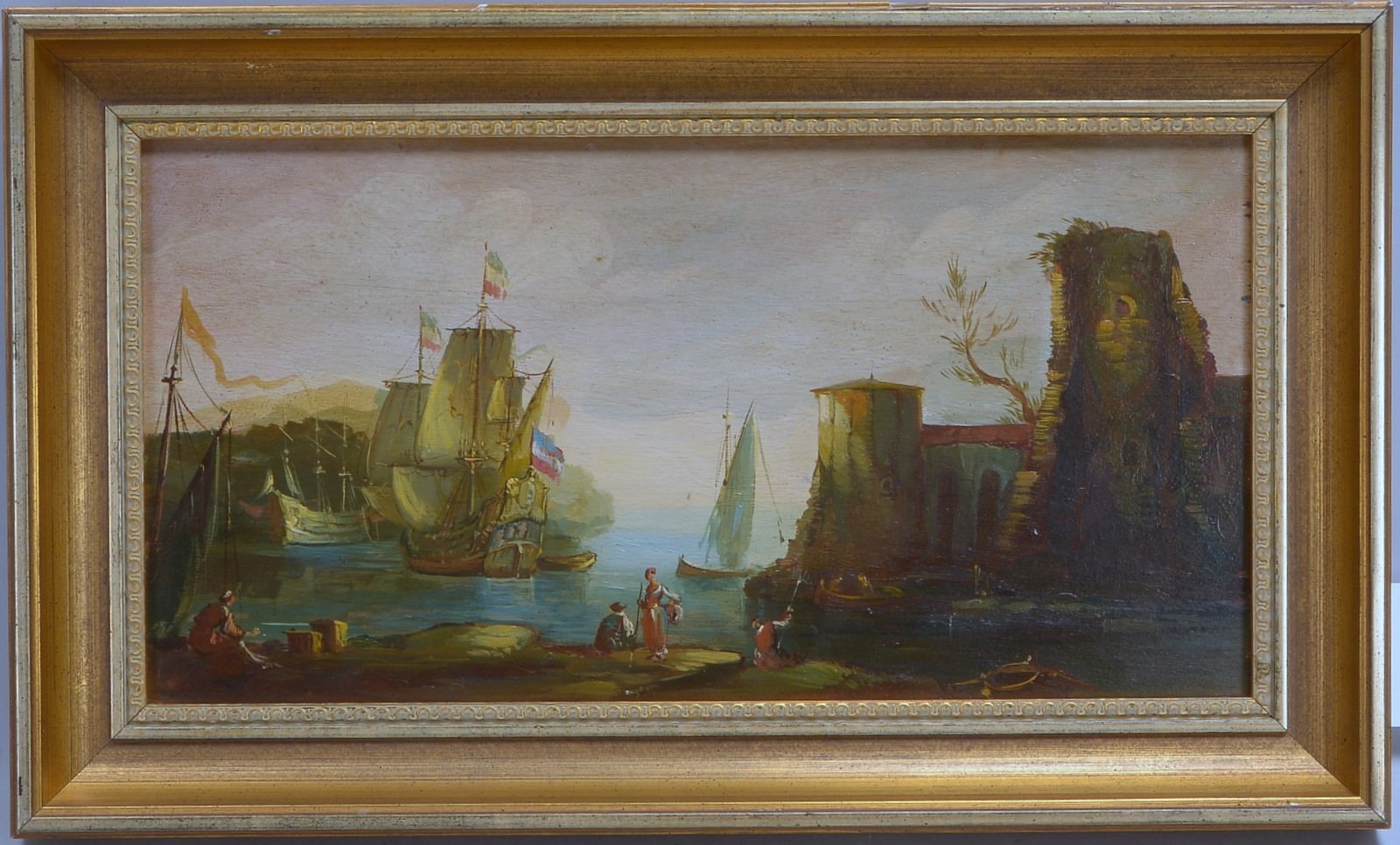 Gemälde, 'Hafenszene', Öl auf Holz/gerahmt, unsigniert; Maße 22,5 x 43 cm