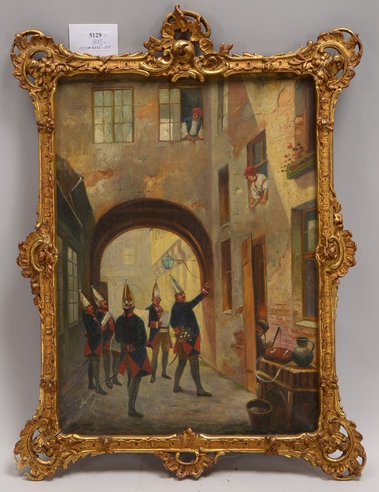 Gemälde, 'Preußische Garde bei der Rekrutierung', Öl/Lw, unten li. sign.