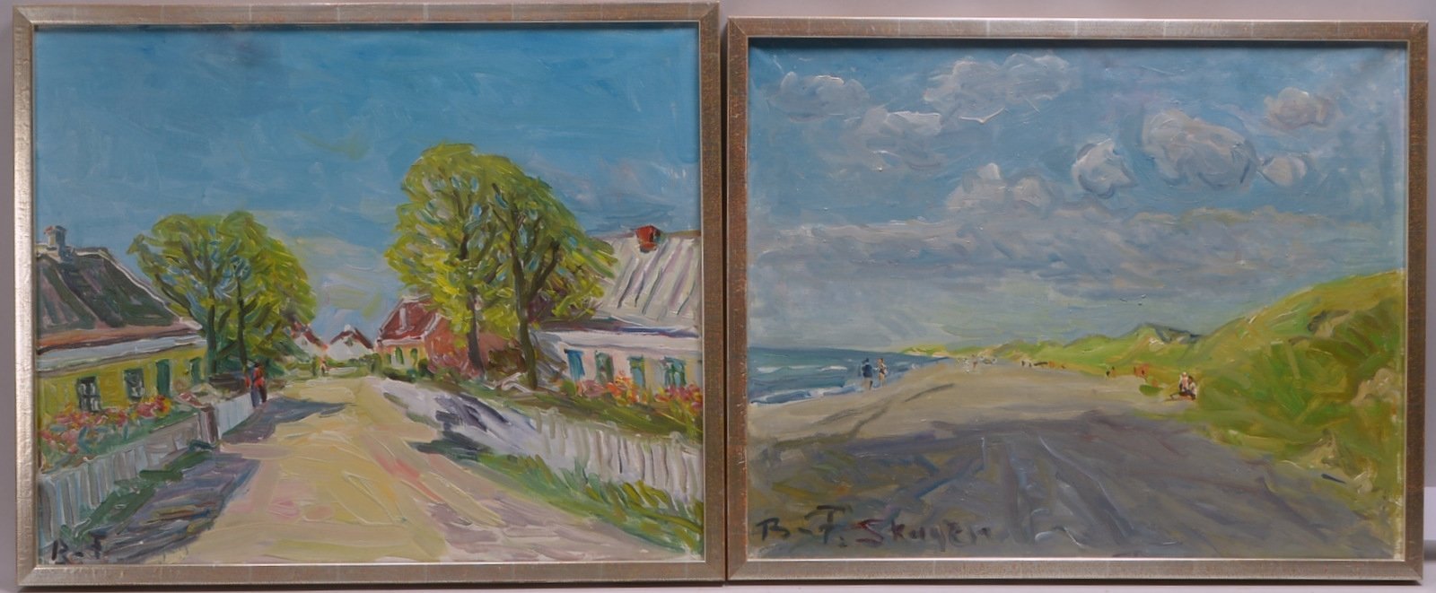 Aage, Bernhard-Frederiksen, 2 Gemälde, 'Strandleben' und 'Dorfstraße', Öl/Lw, sign./monogr.