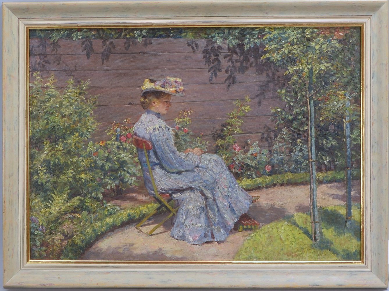 Plump, Berta, 'Junge Dame im Garten', Öl/Lw, verso bezeichnet; Maße 54 x 76 cm
