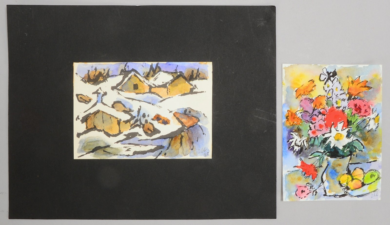 Oltmanns, Willy, 2 kl. Aquarelle: 'Winterlandschaft'/'Blumenstillleben', sign.