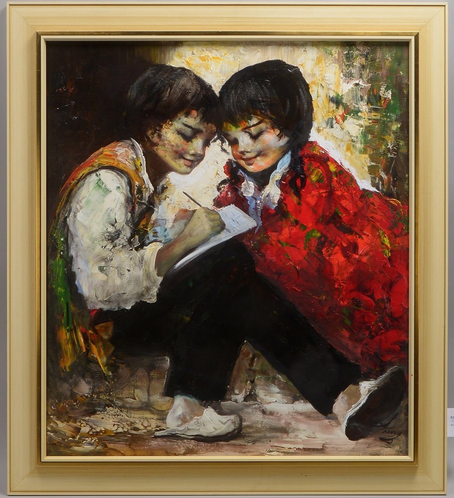 Rahnarvardkar, Anoush, 'Geschwisterpaar beim Schreiben', Öl/Lw, unten re. sign.