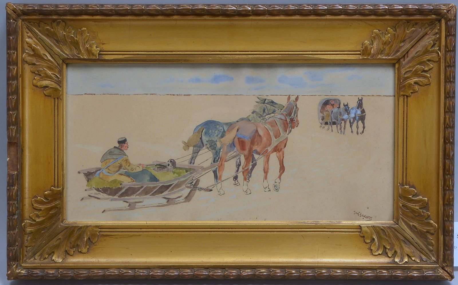Aquarell, 'Schlittenfahrt', unten re. sign., hinter Glas gerahmt; Rahmenmaße 33 x 54 cm
