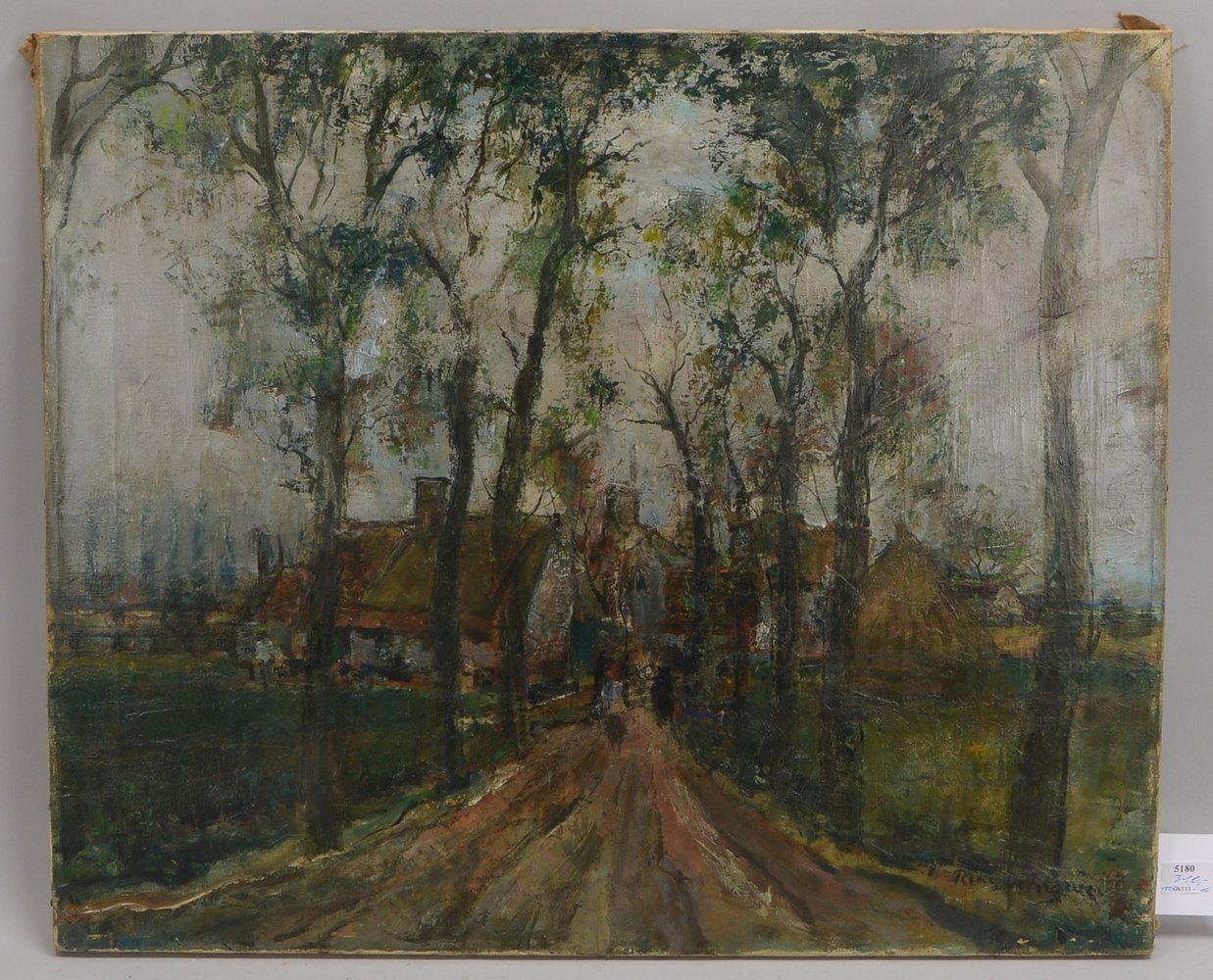 de Grouve, René, 'Baumallee mit Häusern und Figurenstaffage', Öl/Lw, unten re. sign.