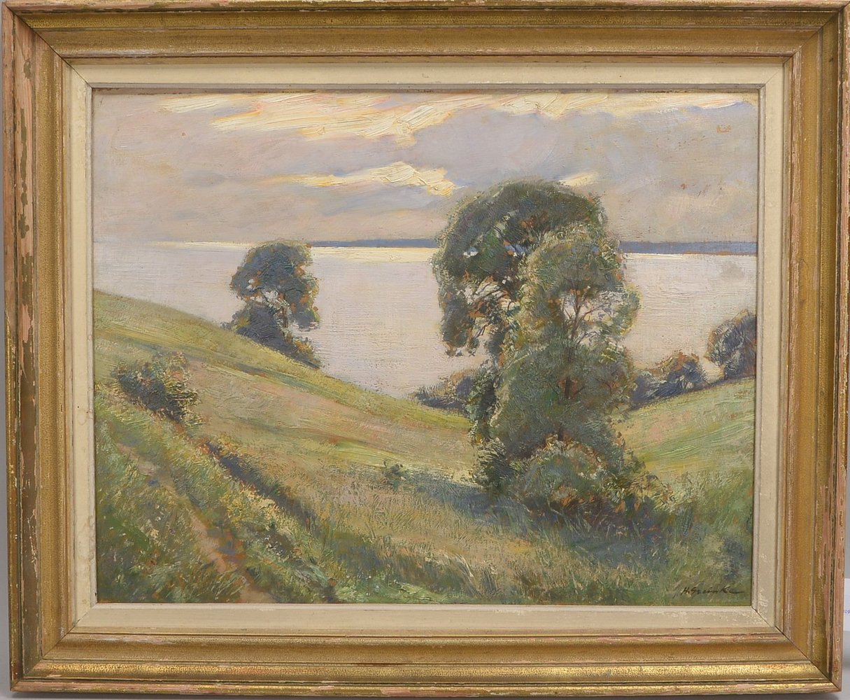 Greinke, Hans (1891 Berlin - 1960 Weimar), 'Seenlandschaft mit Bäumen', Öl auf Malpappe/gerahmt, unt