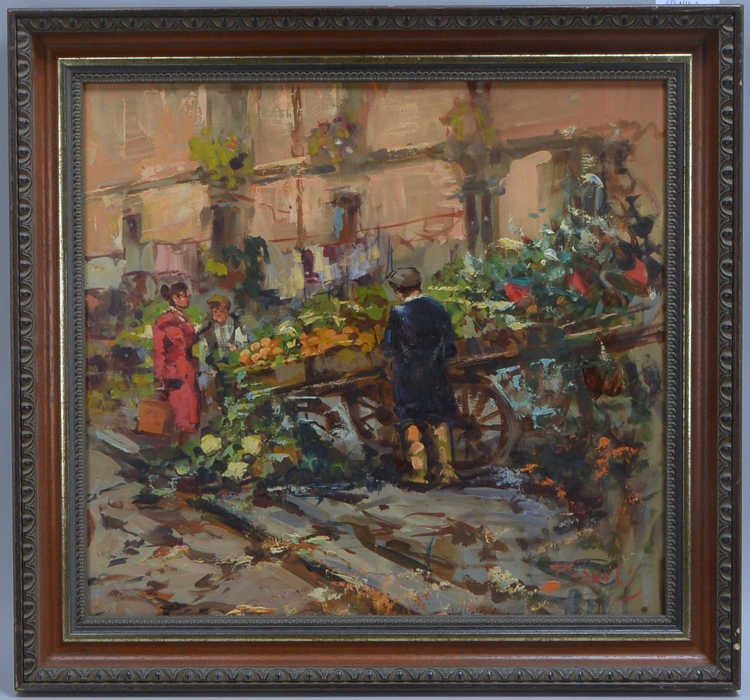 Rispoli, Franco, 'Blumenmarkt', Öl auf Holzplatte/ger., unten re. sign.; Bildmaße 47,5 x 51,5 cm