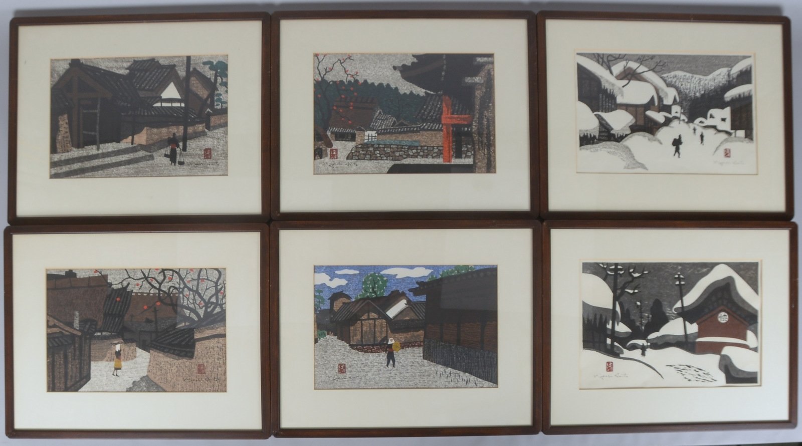 6 Farbholzschnitte (Japan), versch. Motive, jeweils unter PP hinter Glas ger.