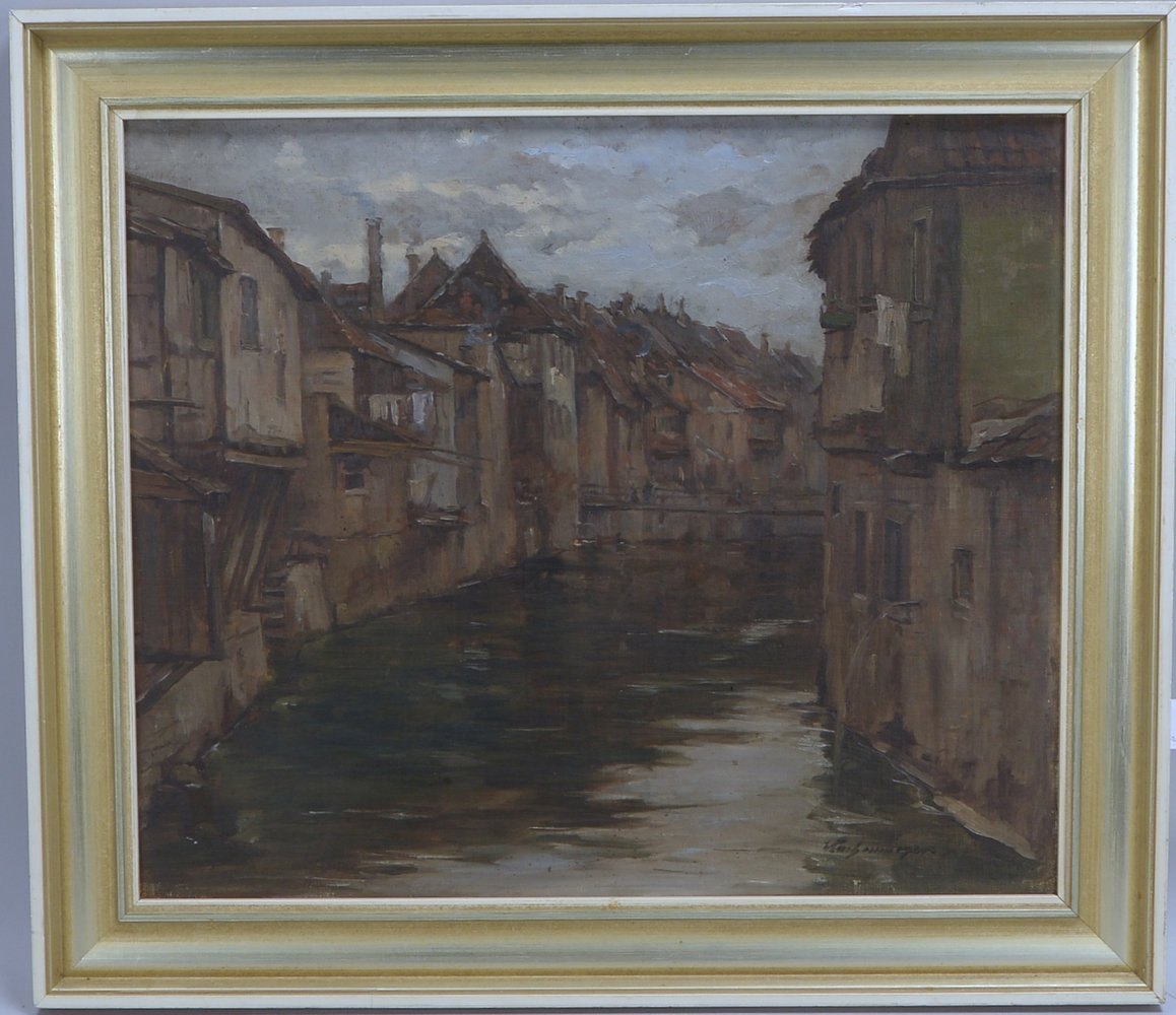 Lachenmeyer, Wilhelm, 'Häuser an der Gracht', Öl auf Malkarton/ger.; Bildmaße 43 x 50 cm