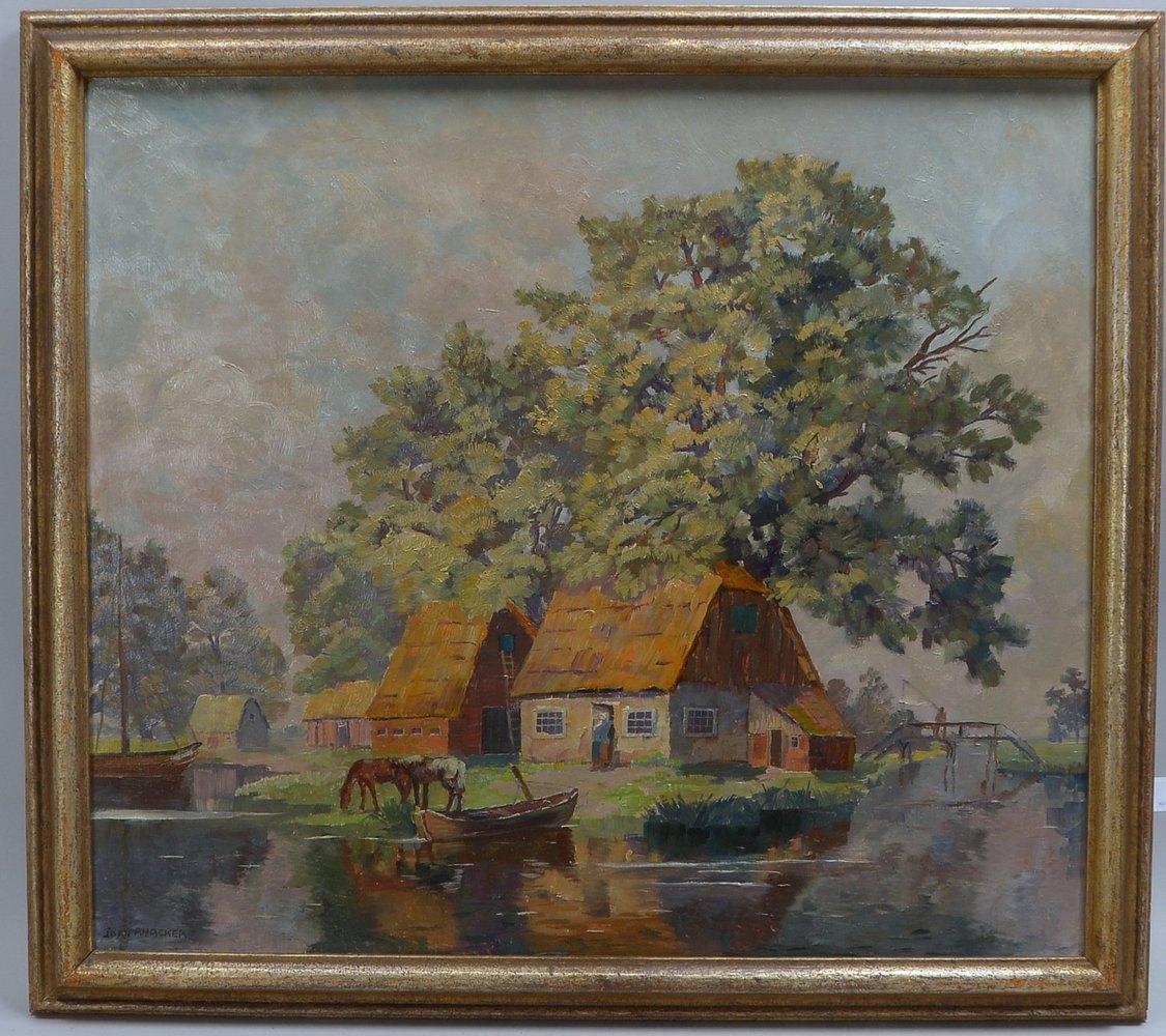 Anacker, Jean, 'Bäuerliches Idyll am Ufer', Öl auf Platte/ger., unten li. sign.