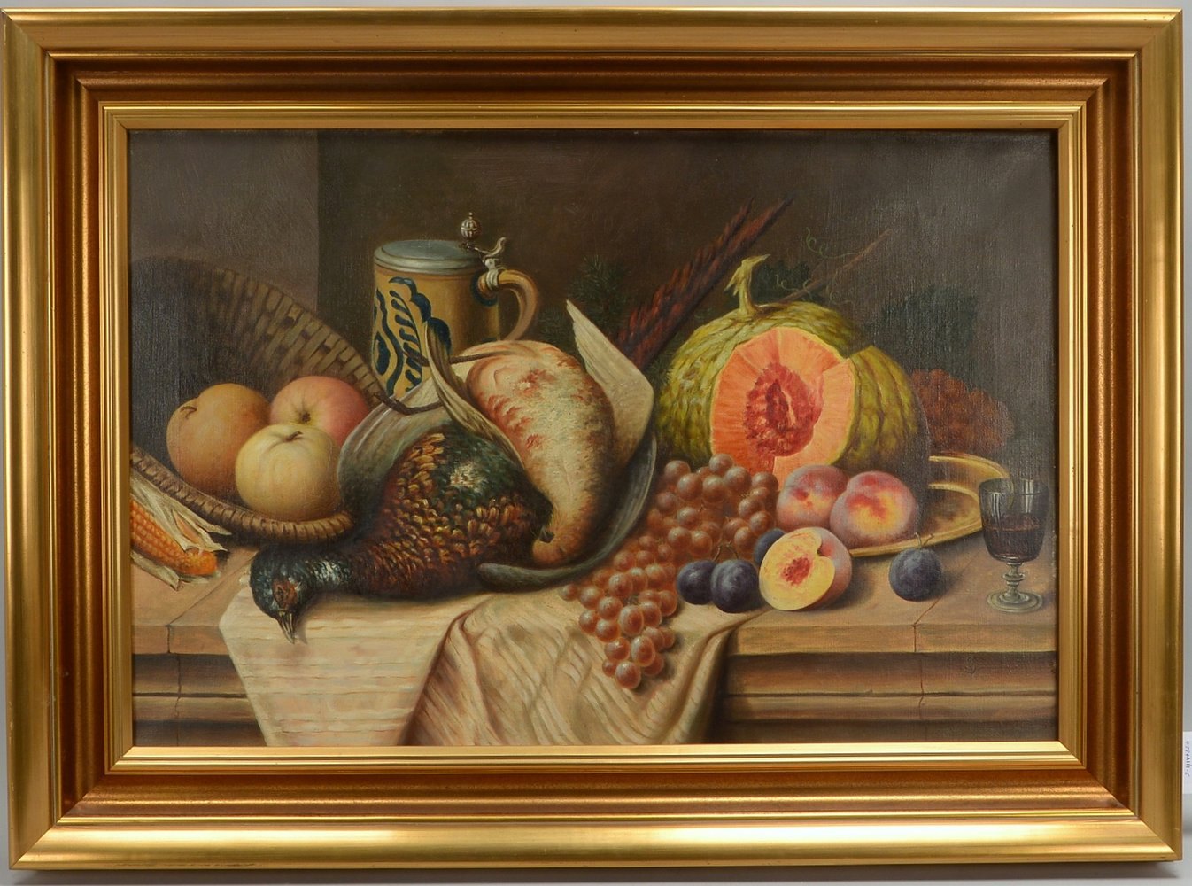 Ölgemälde, 'Früchtestillleben mit Fasan', Öl/Lw, unten re. sign./dat.; Bildmaße 54,5 x 81 cm