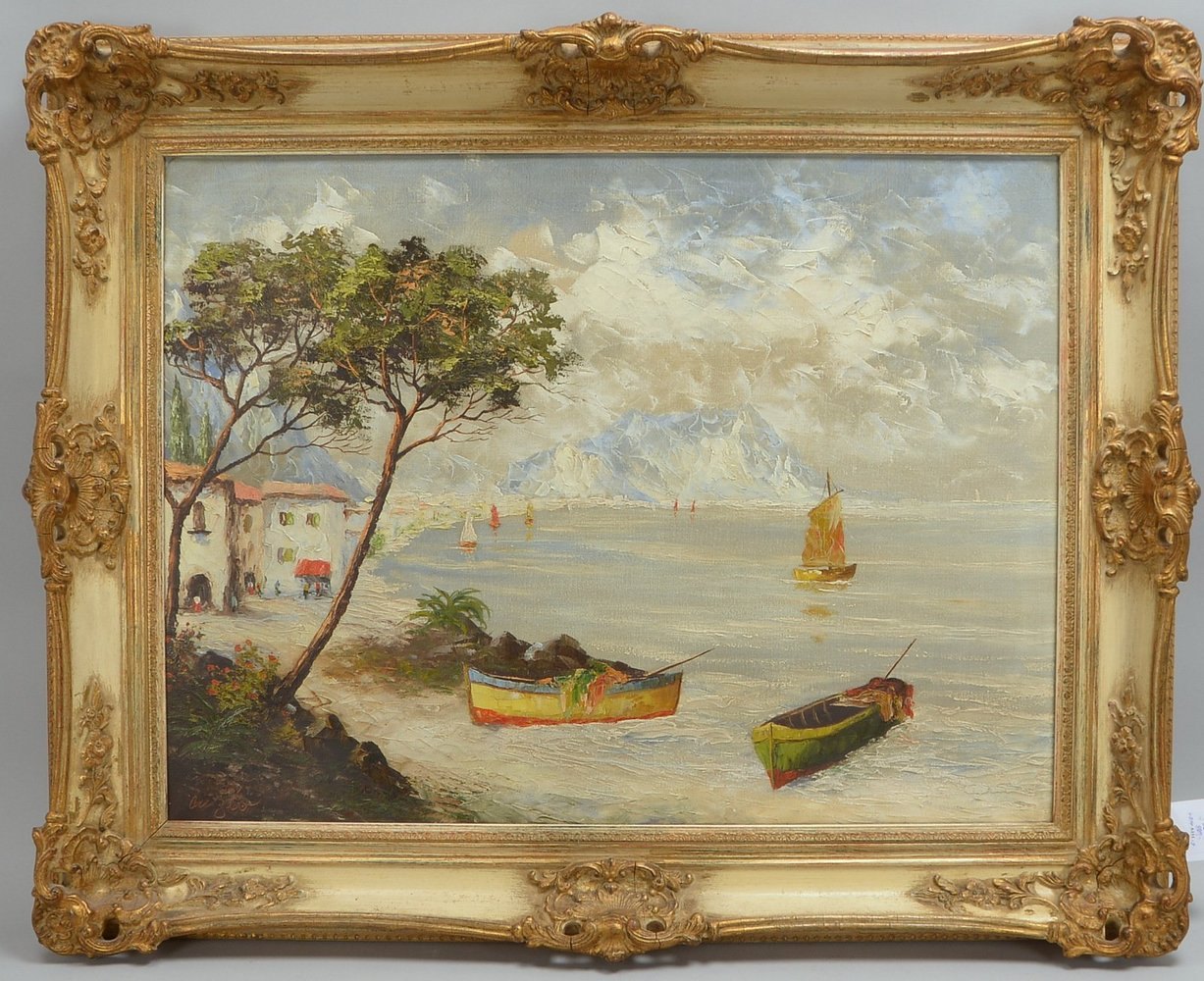 Gemälde, 'Ital. Küste mit Booten', Öl/Lw, unten li. sign., verso ortsbez.; Bildmaße 61 x 81 cm