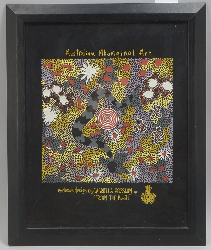 Possum Nungurrayi, Gabriella, 'From the Bush', Farbsiebdruck auf Stoff, hinter Glas