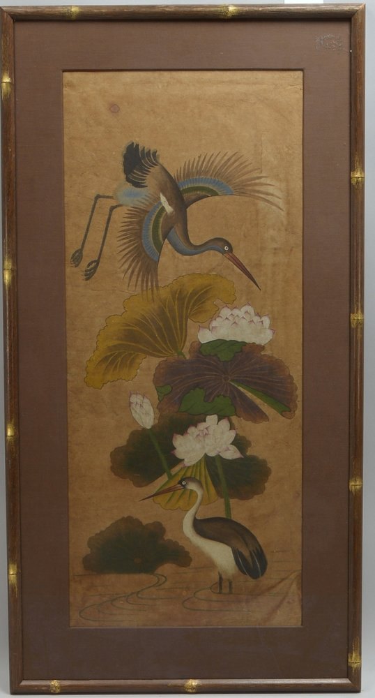 Zeichnung, 'Lotos und Kraniche', Pastell auf Papier, unsign., unter Stoff-PP hinter Glas