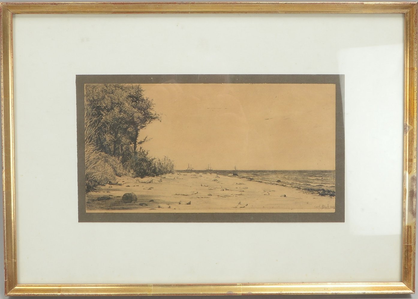 Bloch, Karl, 'Bewaldetes Ufer', Federzeichnung, sign./dat. '1883', hinter Glas