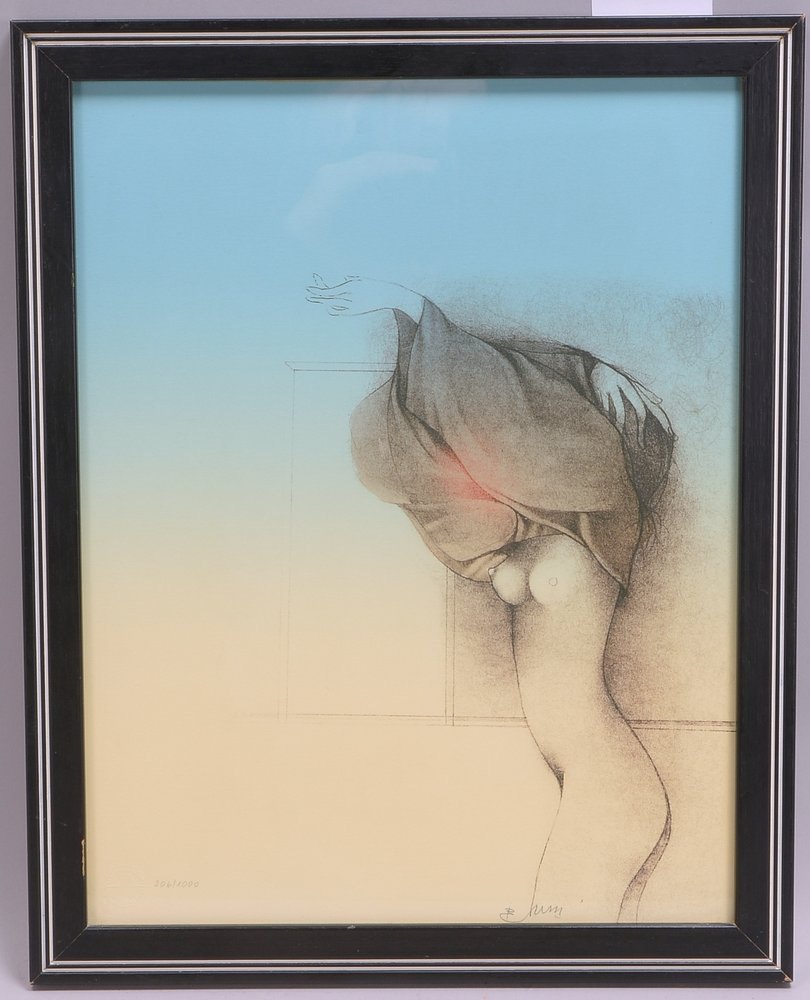 Bruni, Bruno, 'Sich entkleidende Dame', Farblithografie, Aufl. '206/1.000', im Stein sign.