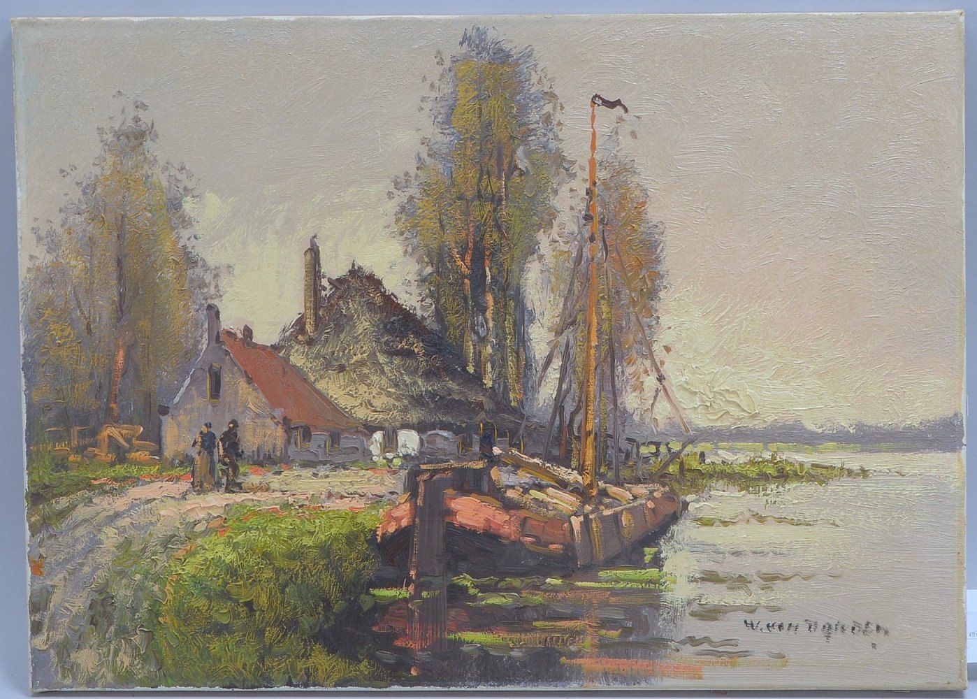 Gemälde, 'Plattboot am Ufer', Öl/Lw, unten re. sign., ungerahmt; Bildmaße 50 x 70 cm