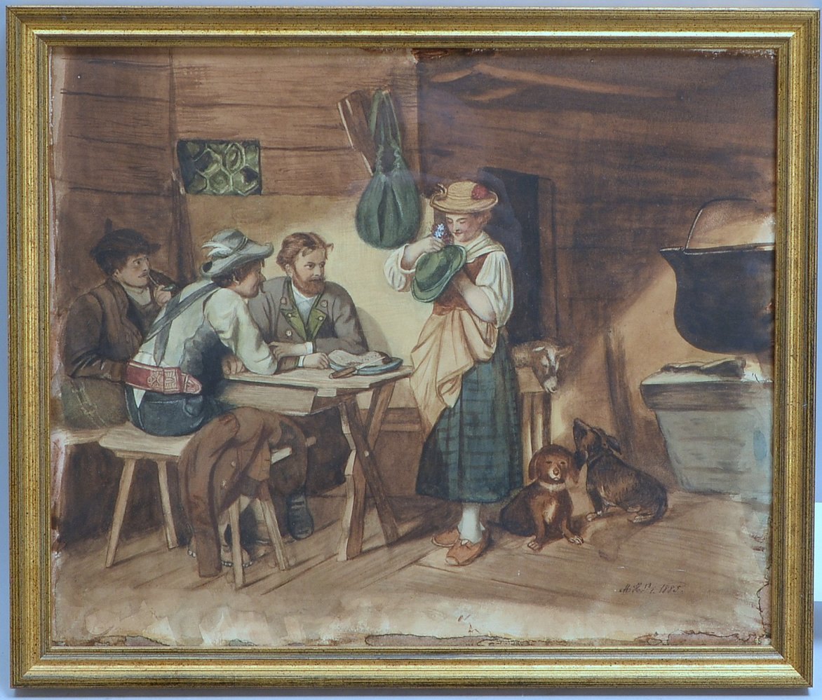 Monogrammist M.H., 'Wirtshausszene', Aquarell, monogr./dat. '1885', hinter Glas ger.