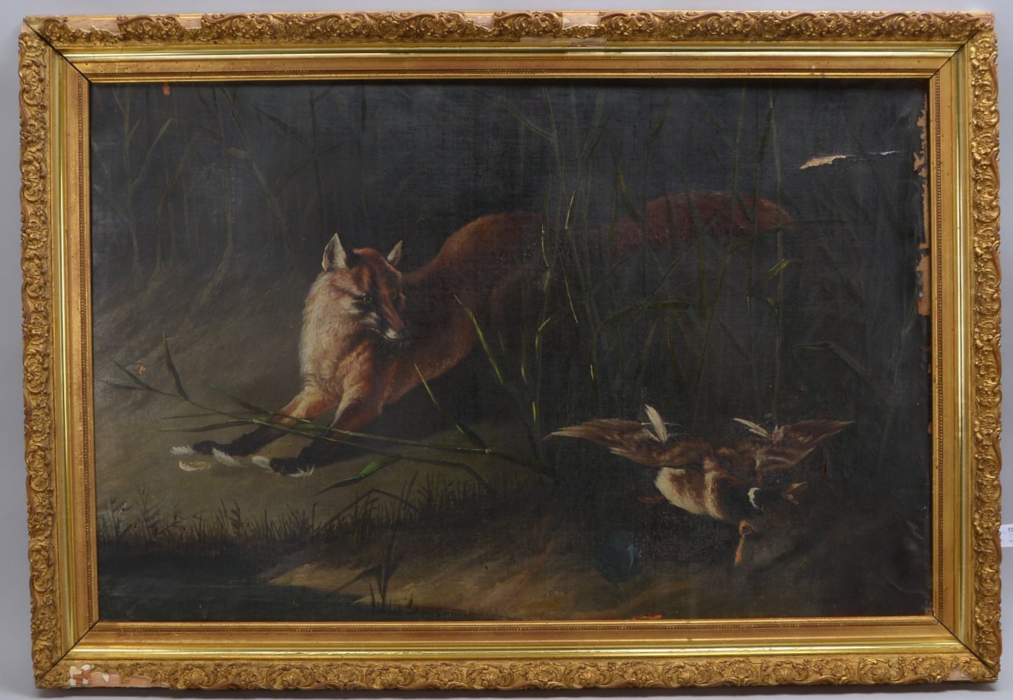 Gemälde, 'Fuchs mit erlegter Ente', Öl/Lw, unsign.; Bildmaße 68 x 105 cm (restaur.)