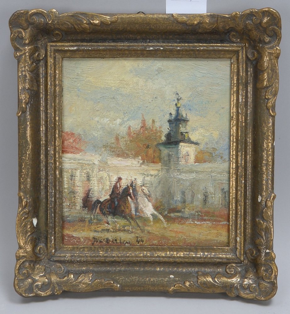 Betley, Jan, 'Reiter vor dem Schloss', Öl/Holz, unten li. sign./dat.; Bildmaße 27 x 25 cm