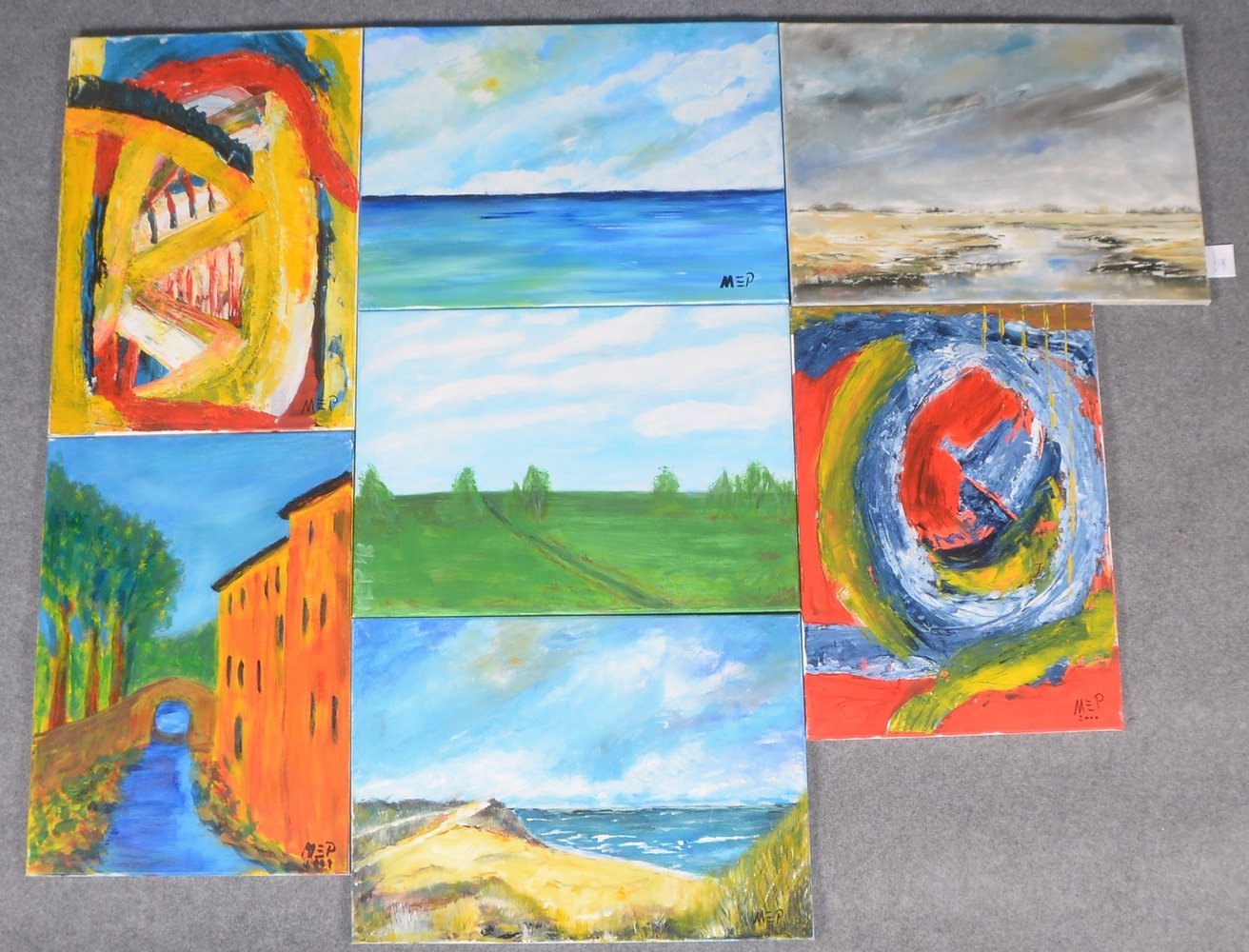Monogrammist MEP, 7 Bilder, Acryl/Lw, jeweils ungerahmt; Maße 50 x 70 cm