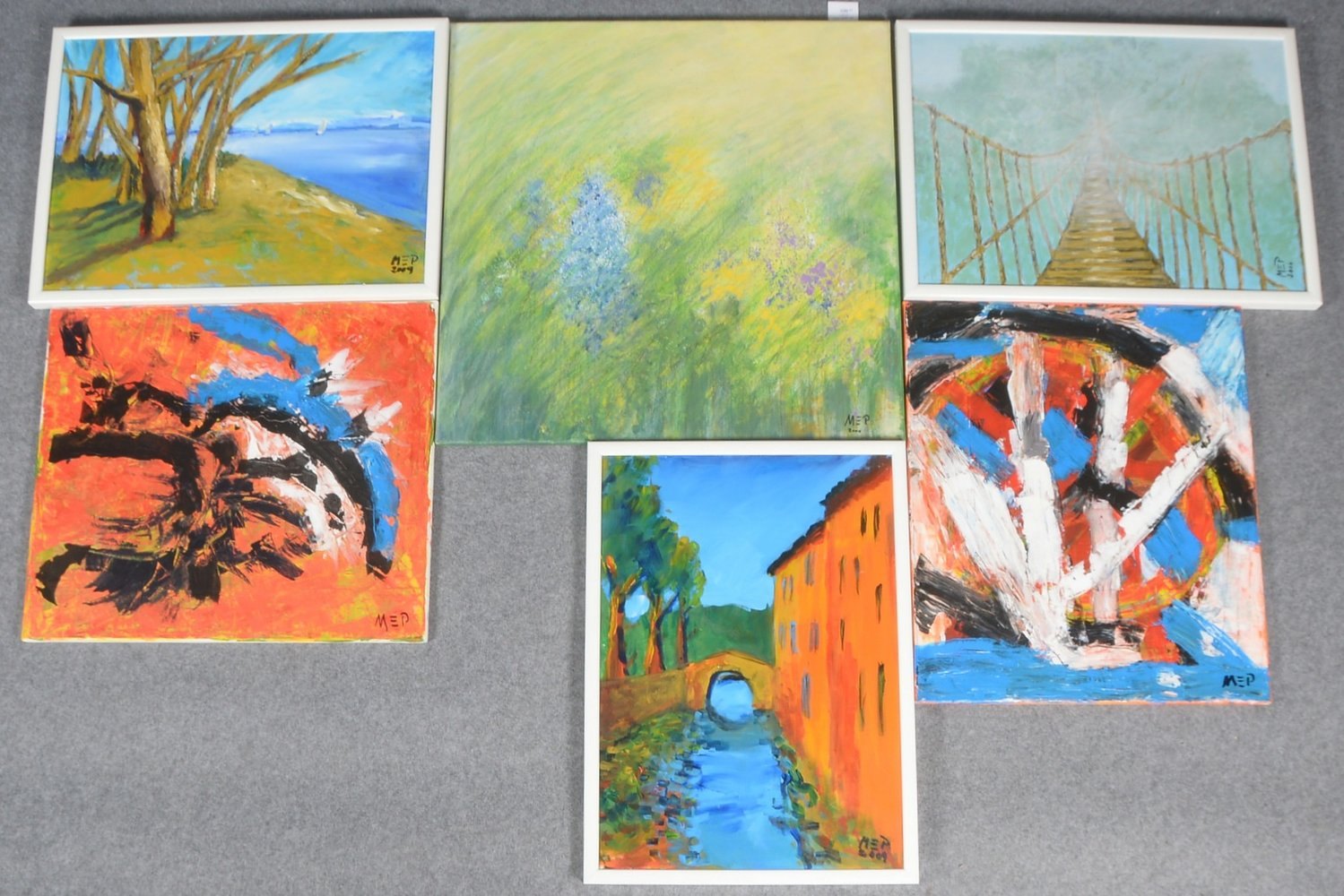Monogrammist MEP, 6 Bilder, Acryl/Lw, 3x gerahmt; Maße 50 x 70 cm - Maße 80 x 80 cm