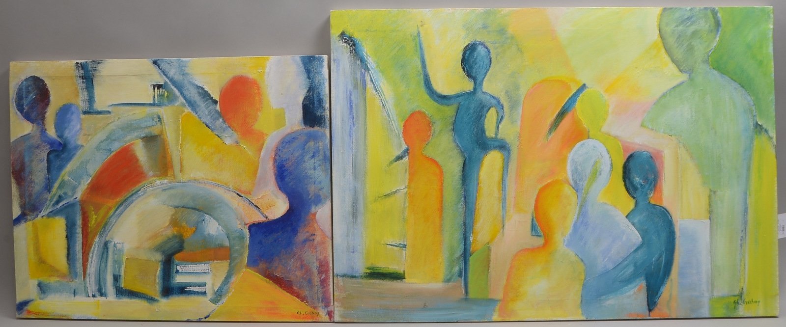 Crahay, Gh.(-?), 2 Gemälde, 'Figurenkompositionen', Acryl/Lw, unten re. sign., unger