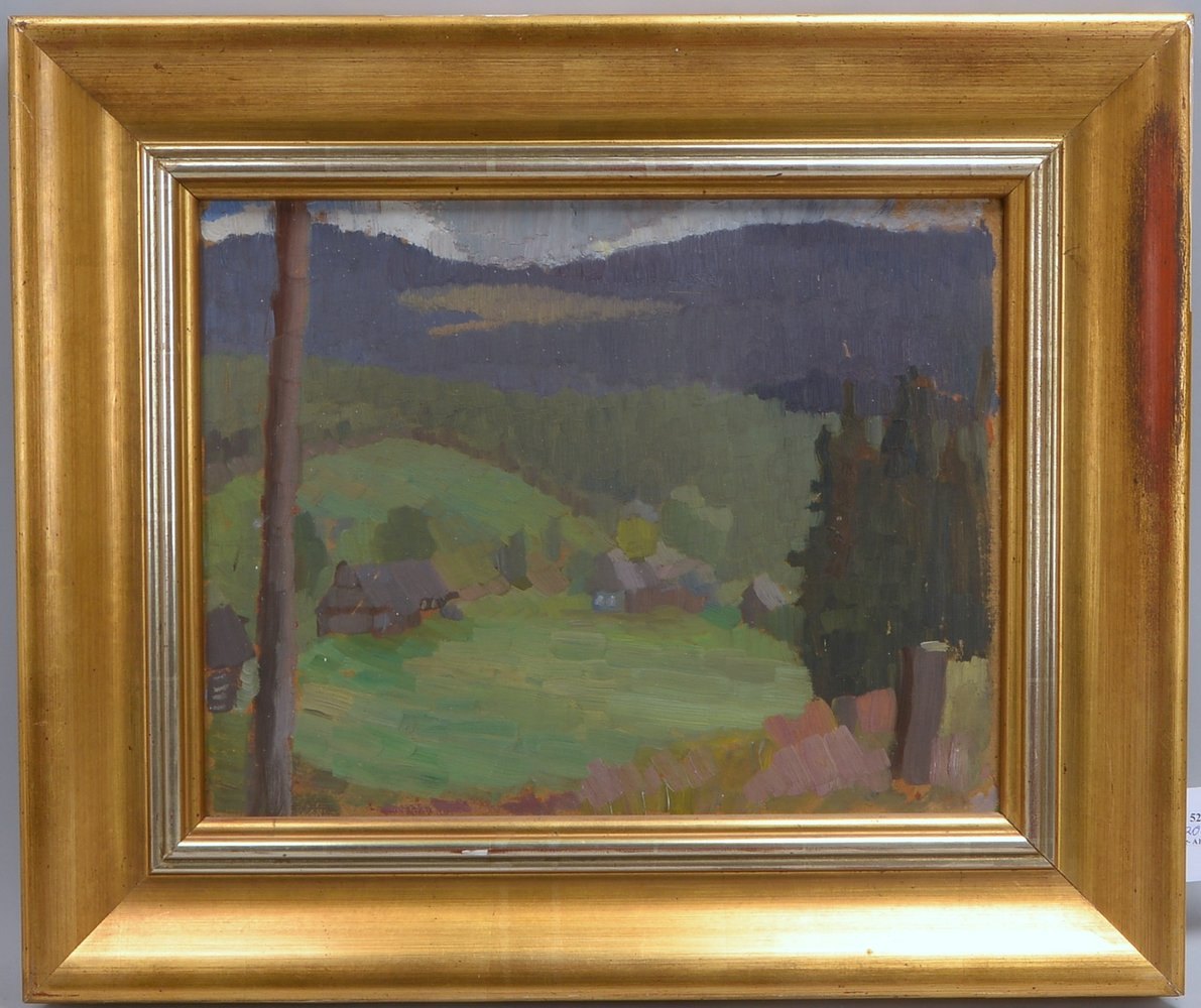Kubin, Karoline, 'Blick auf Talwiese mit Bauernhäusern', Öl/Mk, unsign./Nachlassstempel